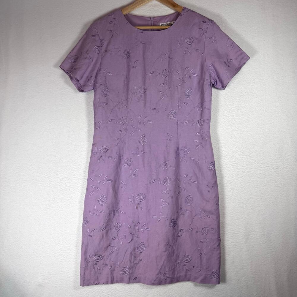 Vintage Victoria Holley Womens Floral Embroidery Linen Purple Shift Dress sz 8